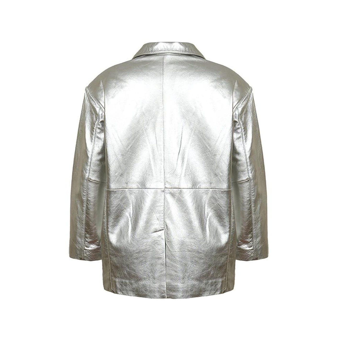 Women’s Silver Leather Blazer – Handmade Genuine Leather Jacket with Modern Shine