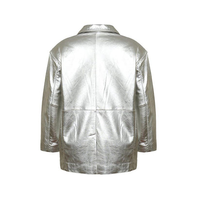 Women’s Silver Leather Blazer – Handmade Genuine Leather Jacket with Modern Shine
