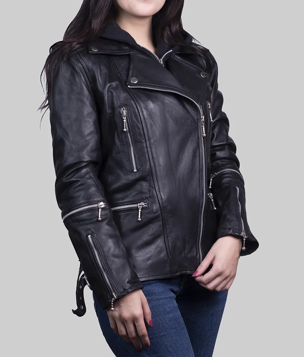 Women's Stylish Black Genuine Leather Biker Jacket