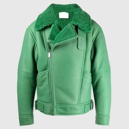 Women's green Aviator Shearling Leather Jacket 