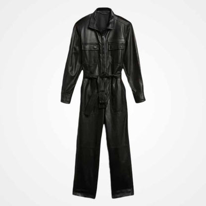 Womens Bodycon Leather Jumpsuit In Black With Belted Waist Glory Store US