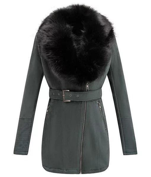 Women’s Green Suede Coat with Faux Fur Trim
