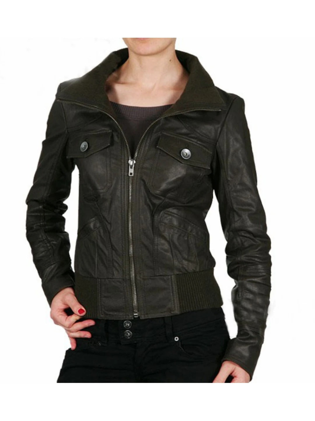 Women’s Trendy Black Genuine Leather Bomber Jacket