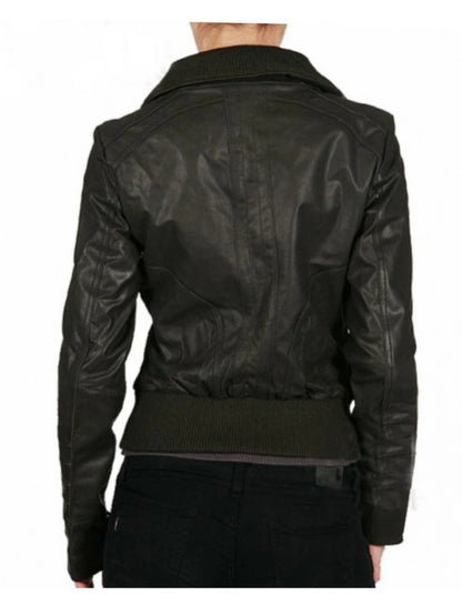 Women’s Trendy Black Genuine Leather Bomber Jacket