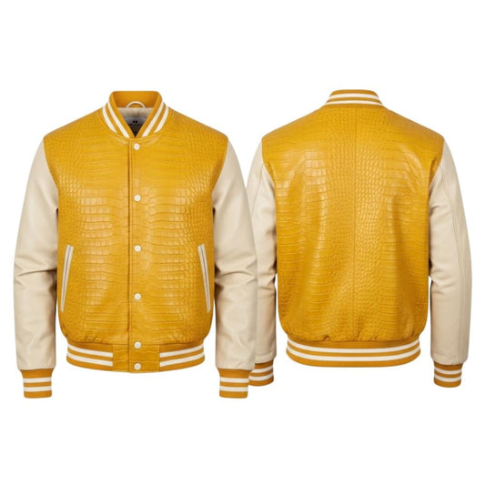 Yellow Crocodile Embossed Leather Varsity Jacket – Handmade Bomber Streetwear Style