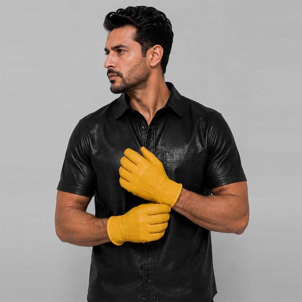 Yellow Leather Glove with Faux Fur Lining