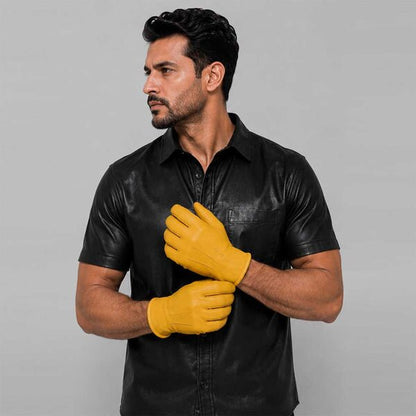 Yellow Leather Glove with Faux Fur Lining