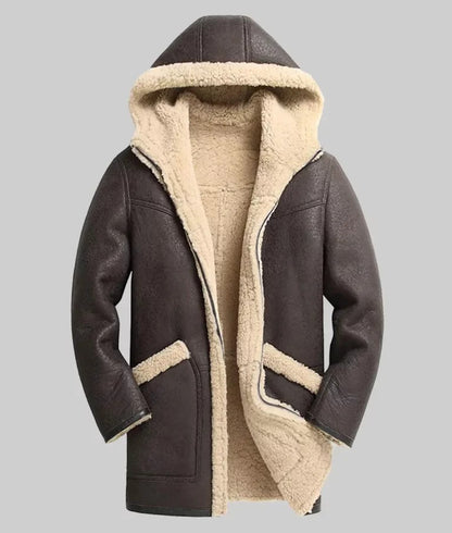 Zack Men’s Brown Hooded Shearling Bomber Leather Winter Coat