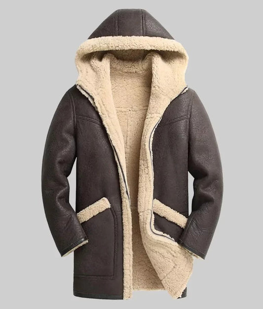 Zack Men’s Brown Hooded Shearling Bomber Leather Winter Coat