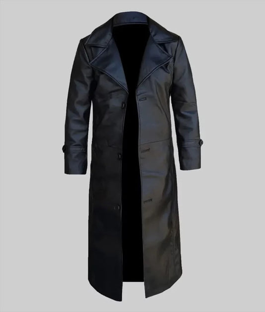 Zen Men’s Black Modern Leather Trench Coat