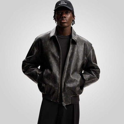 A2 Black Distressed Leather Bomber Jacket