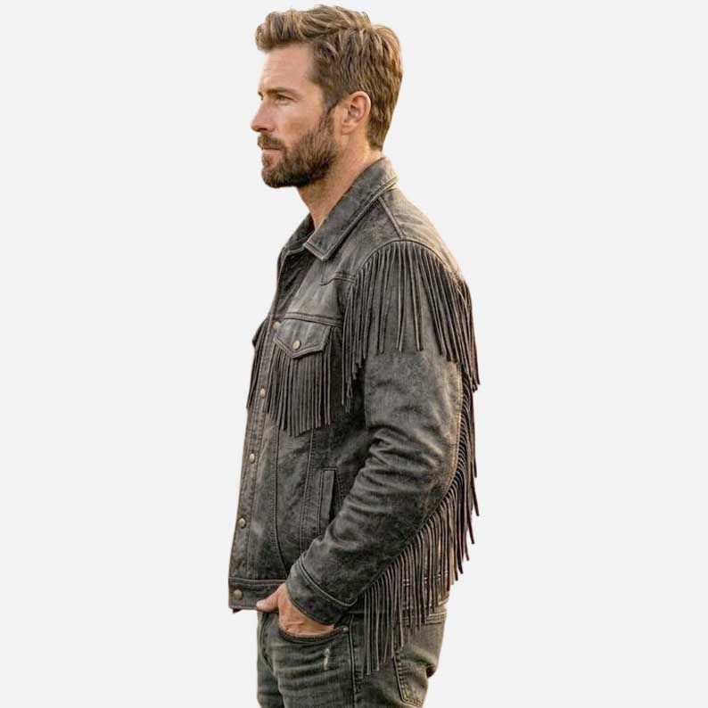 Affordable black biker fringe jacket made from genuine leather by Glory Store US