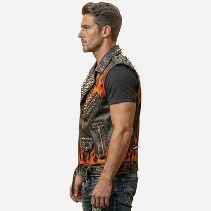 Affordable black leather flame vest buy online from Glory Store US rock streetwear outfit