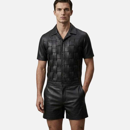 Affordable Black Leather Romper buy online from Glory Store US lightweight designer coverall