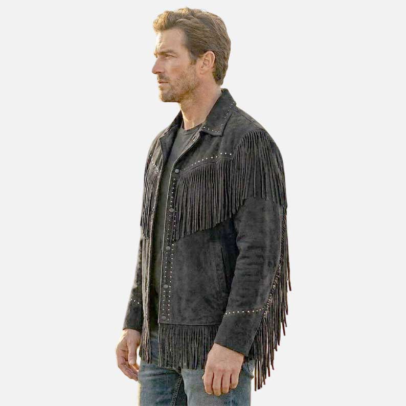 Affordable black suede fringe jacket buy now for authentic western fashion and rodeo wear