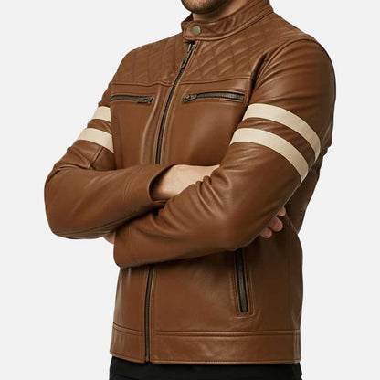 Affordable brown leather moto jacket buy online from Glory Store US soft lining and adjustable cuffs