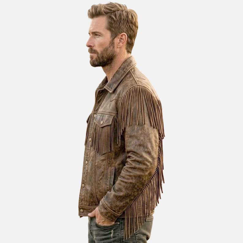 Affordable brown Western fringe jacket buy online from Glory Store US made with genuine leather