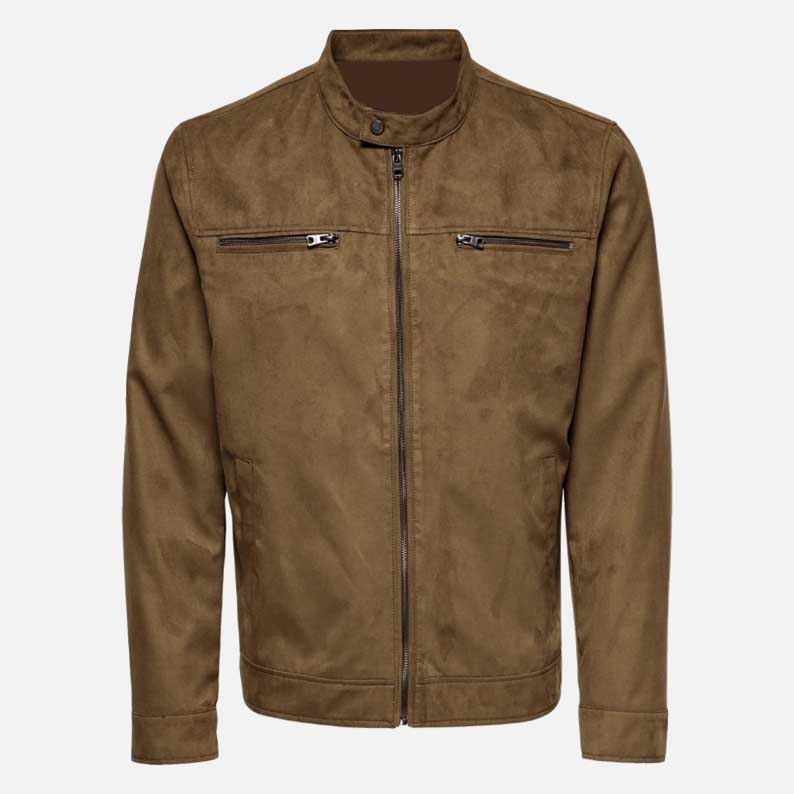 Affordable men cognac suede leather jacket with satin lining