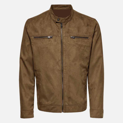 Affordable men cognac suede leather jacket with satin lining