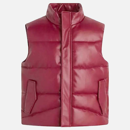 Affordable maroon leather sleeveless puffer vest with satin lining