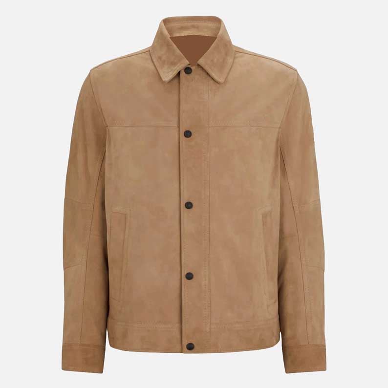 Affordable men beige suede jacket for sale with soft satin lining