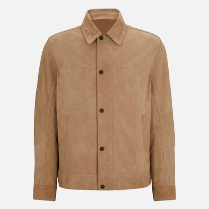 Affordable men beige suede jacket for sale with soft satin lining