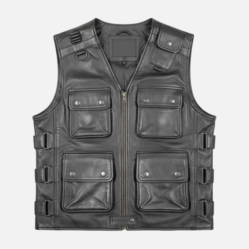 Affordable mens black sheep leather utility vest with buckle straps by Glory Store US