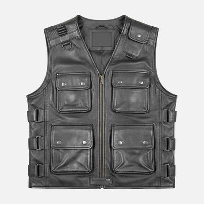 Affordable mens black sheep leather utility vest with buckle straps by Glory Store US