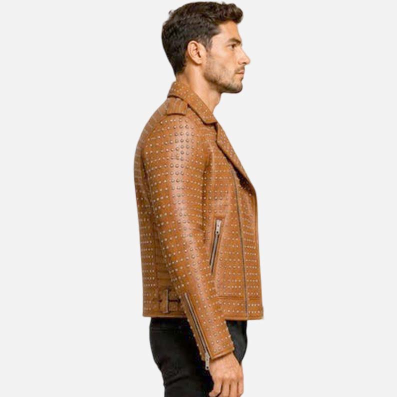 Affordable men’s brown punk biker jacket with bold silver studs and statement fashion design