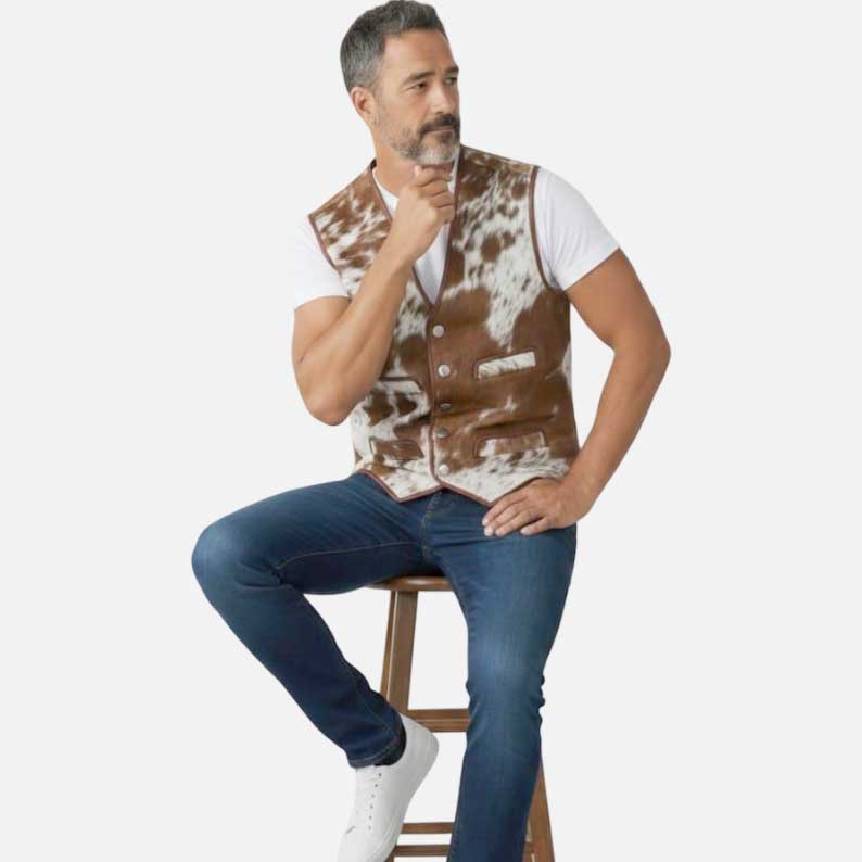 Affordable mens hair on cowhide leather vest with button closure by Glory Store US