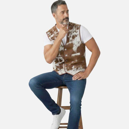Affordable mens hair on cowhide leather vest with button closure by Glory Store US