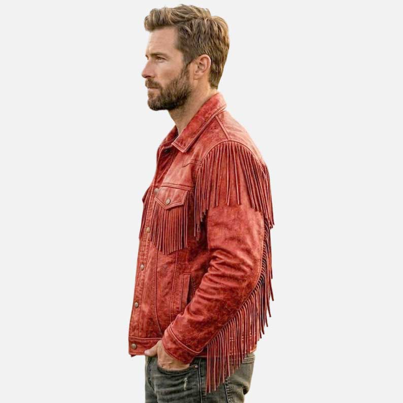 Affordable red Western fringe jacket buy online from Glory Store US crafted from genuine leather