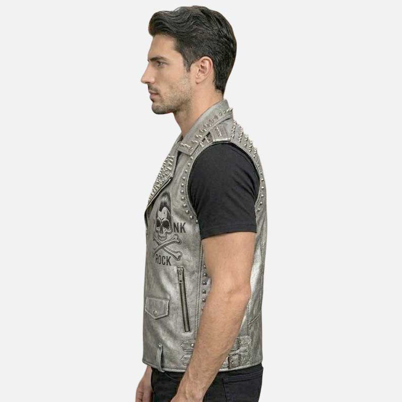 Affordable silver leather vest buy online from Glory Store US biker fashion style