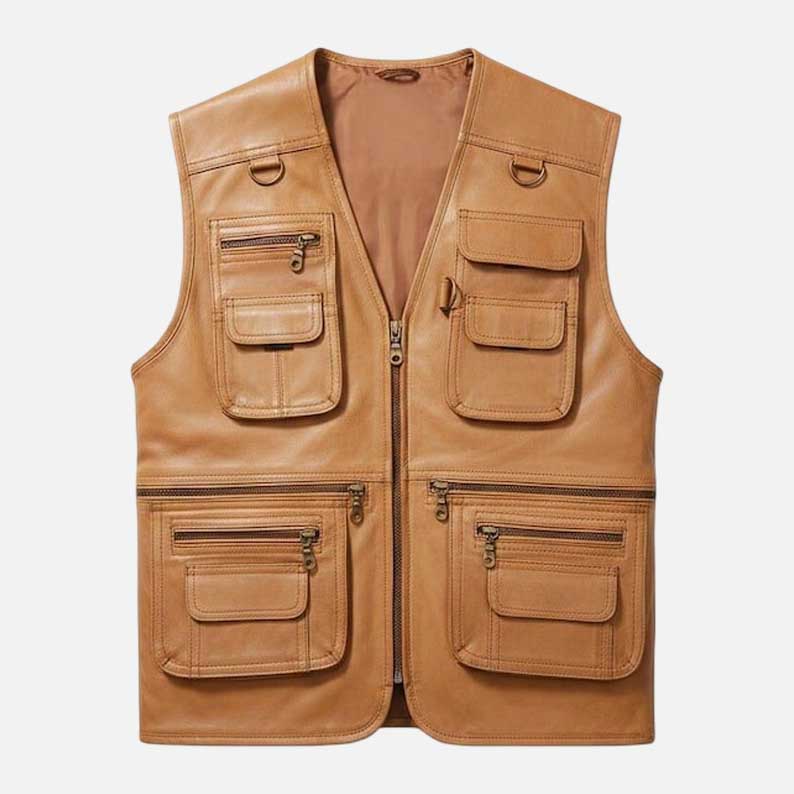 Affordable tan leather travel vest with zip closure by Glory Store US
