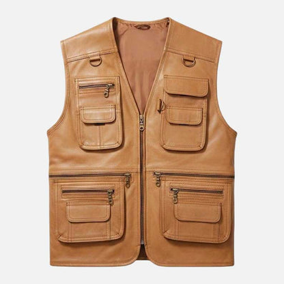 Affordable tan leather travel vest with zip closure by Glory Store US
