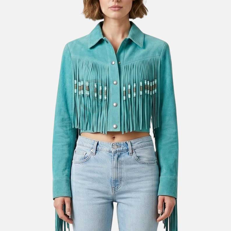 Affordable turquoise suede fringe jacket buy online from Glory Store US vibrant boho western style
