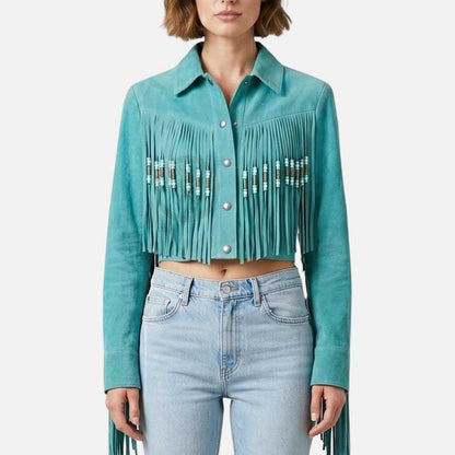 Affordable turquoise suede fringe jacket buy online from Glory Store US vibrant boho western style