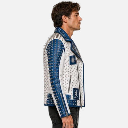 Premium white and blue studded leather jacket for men with punk biker inspired design