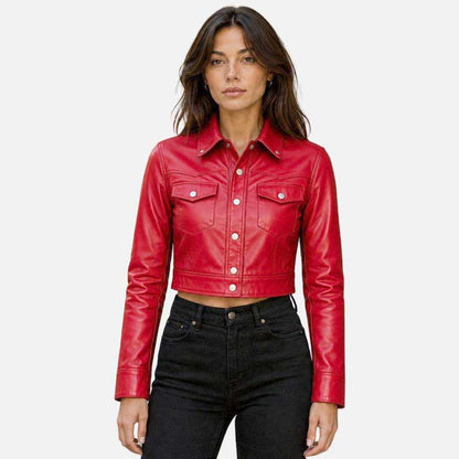 Affordable women red cropped sheep leather jacket with snap buttons by Glory Store US