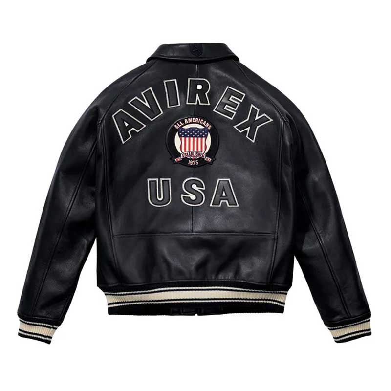Avirex Varsity Black Leather Jacket with USA Patch - Classic Bomber Style