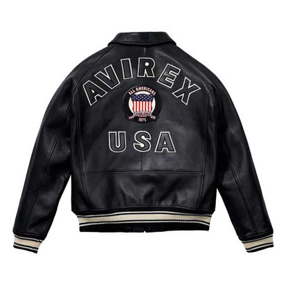 Avirex Varsity Black Leather Jacket with USA Patch - Classic Bomber Style