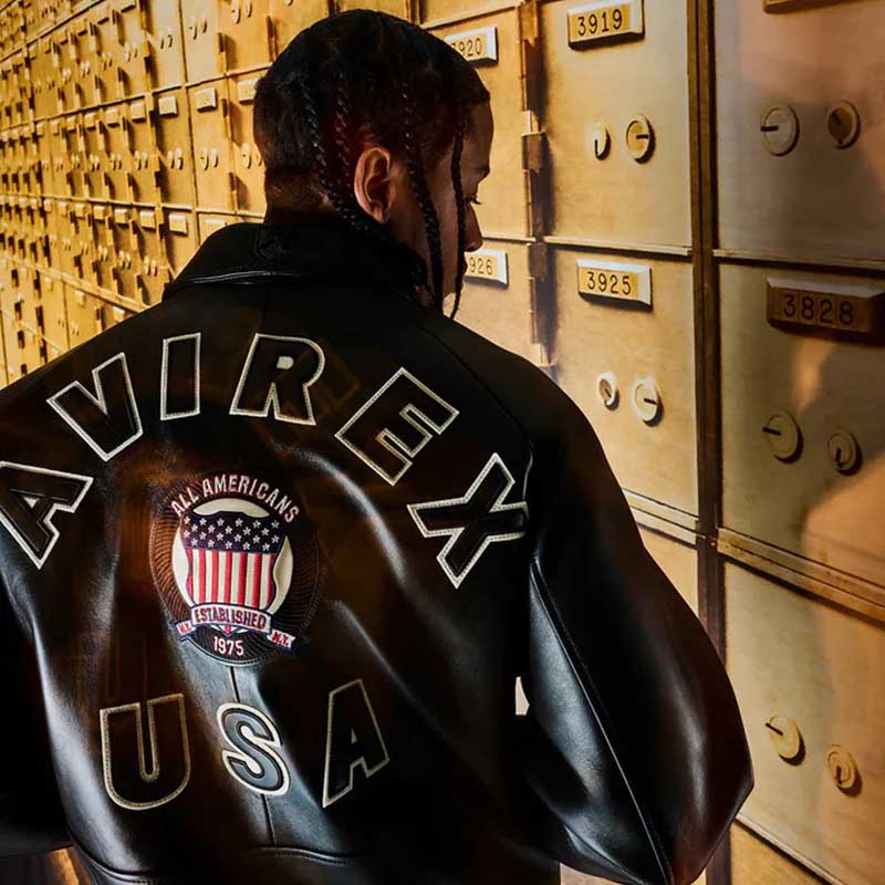 Avirex Varsity Black Leather Jacket with USA Patch - Classic Bomber Style
