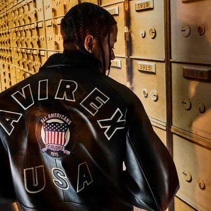 Avirex Varsity Black Leather Jacket with USA Patch - Classic Bomber Style