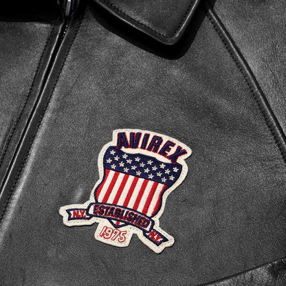 Avirex Varsity Black Leather Jacket with USA Patch - Classic Bomber Style