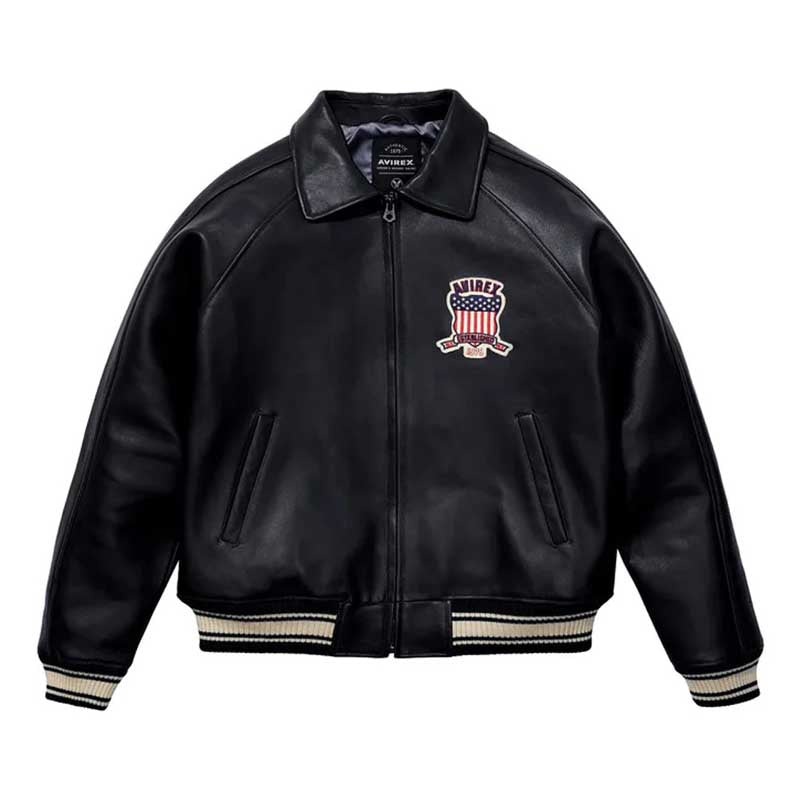 Avirex Varsity Black Leather Jacket with USA Patch - Classic Bomber Style