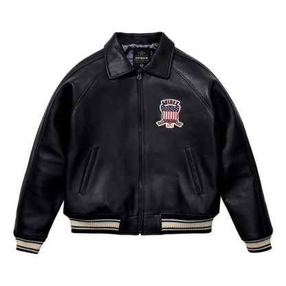 Avirex Varsity Black Leather Jacket with USA Patch - Classic Bomber Style