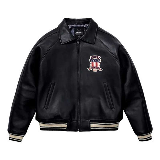 Avirex Varsity Black Leather Jacket with USA Patch - Classic Bomber Style