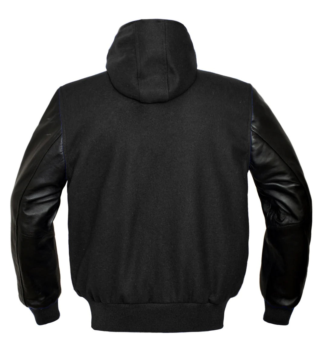 Hoodie Varsity Jacket - Black Wool with Black Leather Sleeves - Men's Letterman Jacket