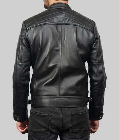 Sam Men’s Black Quilted Cafe Racer Biker Leather Jacket