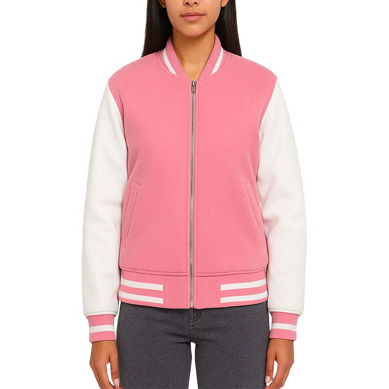 Women's Barbie Pink Varsity Bomber Jacket with White Sleeve Design
